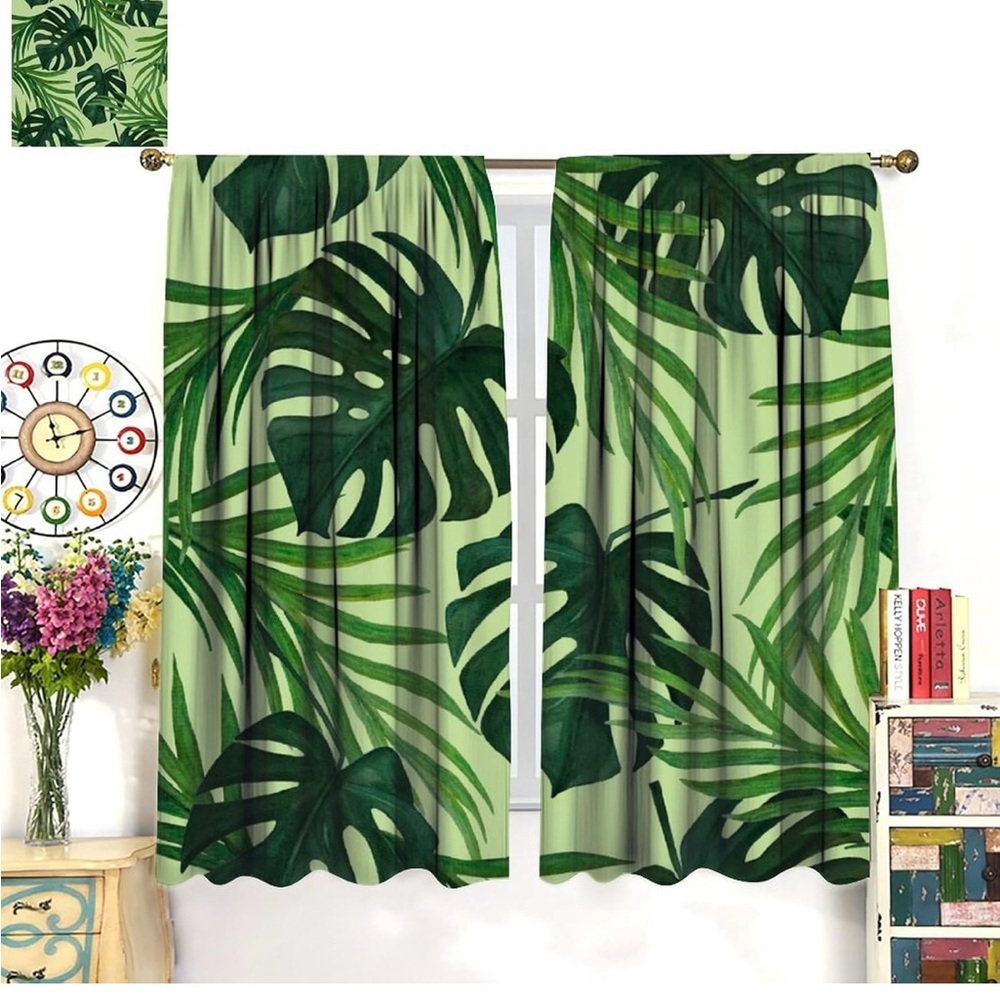 Tropical Leaves Blackout Curtains Summer Jungle Botanical Leaf Green Watercolor